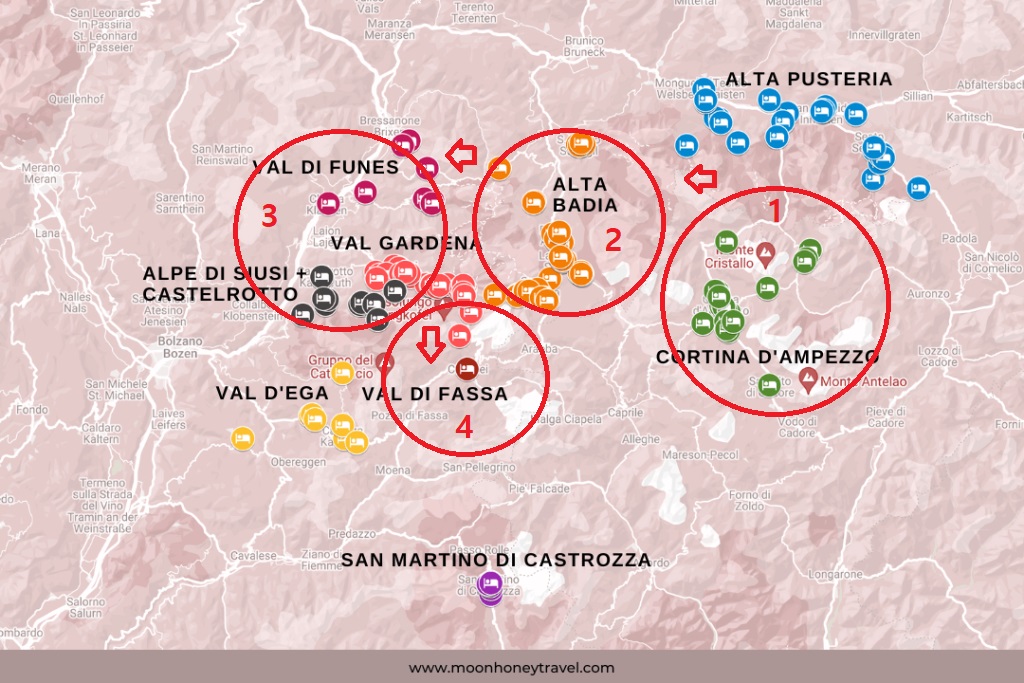 돌로미티의 주요 구간을 이동한 경로